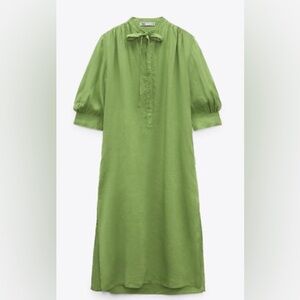 Zara linen Green Puff Sleeve Dress